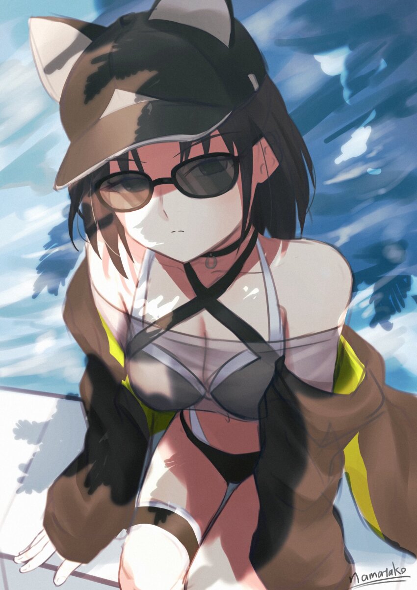 1girl, animal_ears, bare_legs, bare_shoulders, baseball_cap, bikini, black_bikini, black_choker