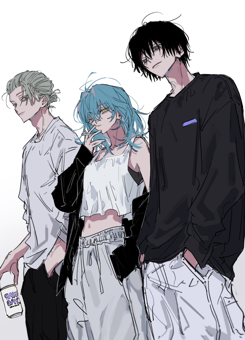 1girl, 2boys, absurdres, akao_rion, black_hair, black_jacket, black_shirt, blue_hair, brown_hair, cigarette, cowboy_shot, cup, hand_in_pocket, highres, holding, holding_cigarette, holding_cup, jacket, kesiks0616, long_hair, long_sleeves, looking_at_viewer, messy_hair, multiple_boys, nagumo_(sakamoto_days), navel, off_shoulder, open_clothes, open_jacket, sakamoto_days, sakamoto_taro, sakamoto_taro_(skinny), shirt, short_hair, smoking, standing, tank_top, white_background, white_shirt, white_tank_top