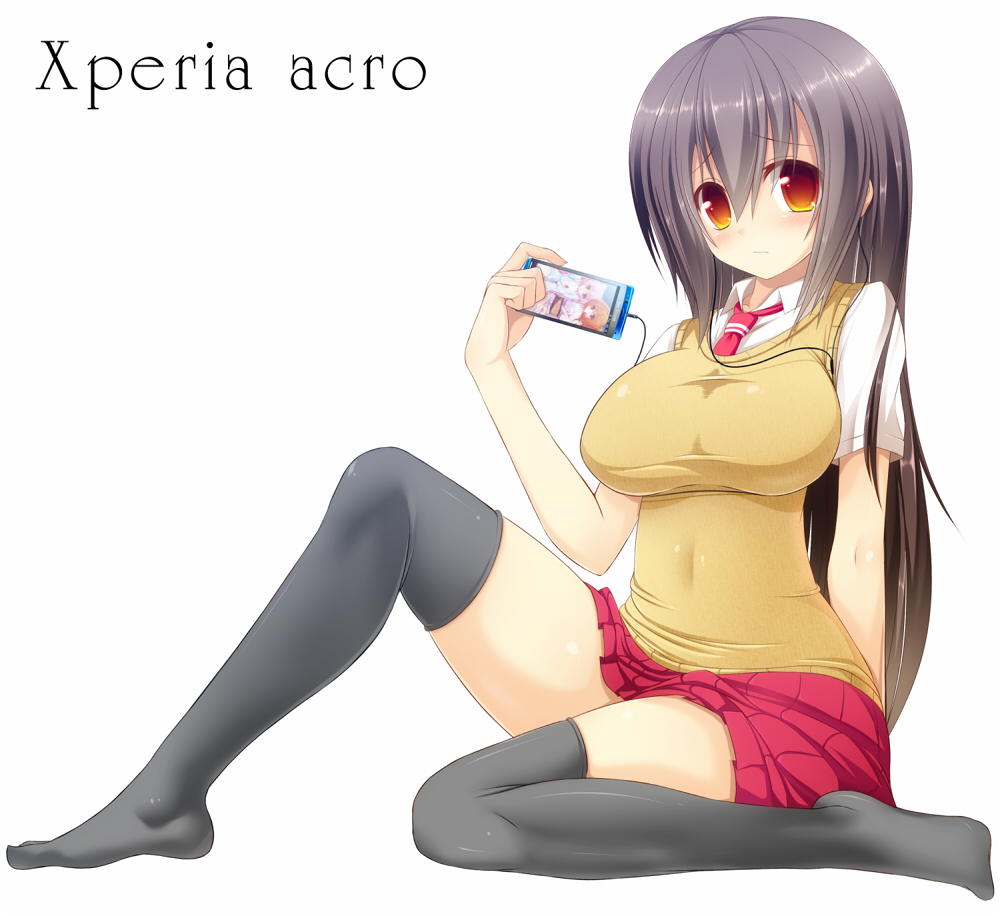 1girl, arm_support, black_hair, black_thighhighs, blush, breasts, cellphone, female_focus, impossible_clothes, large_breasts, long_hair, necktie, orange_eyes, phone, simple_background, sitting, skirt, solo, sony, sweater_vest, syroh, thighhighs, xperia