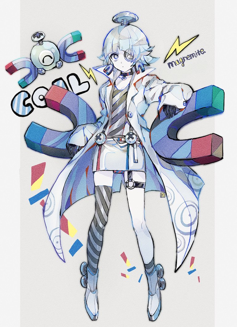 1girl, asymmetrical_legwear, black_choker, black_gloves, boots, character_name, choker, coat