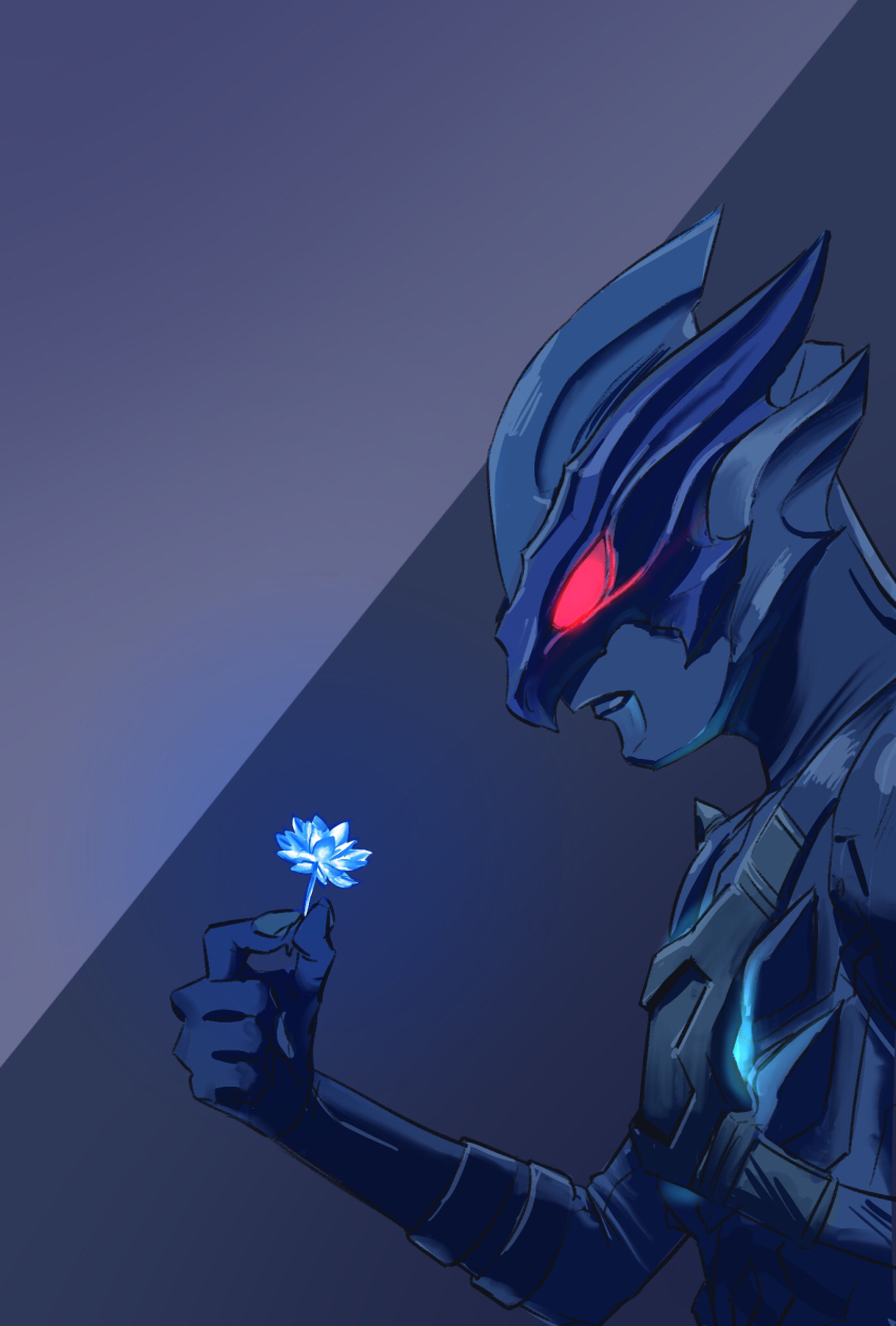 1boy, alien, arm_strap, armor, black_gloves, black_skin, blue_background, blue_flower