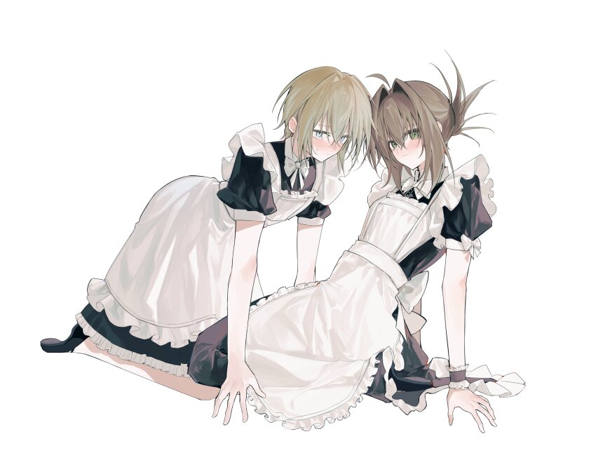 1boy, 1girl, :3, absurdres, ahoge, alternate_costume, apron, arm_support