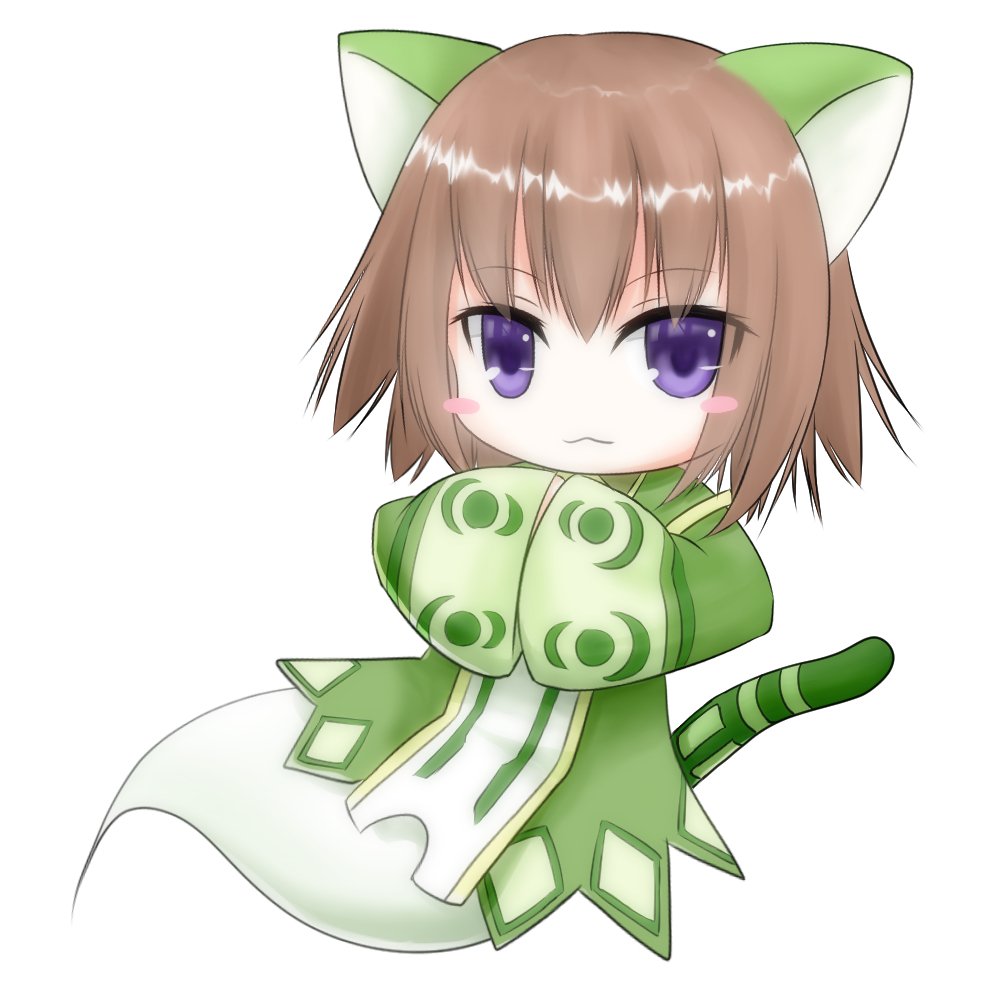 1girl, animal_ears, blush_stickers, brown_hair, cat_ears, cat_girl, cat_tail, chibi, dress, emil_chronicle_online, ghost_girl, ghost_tail, green_dress, green_tail, nekomata, nekomata_midori, purple_eyes, tail, tkht_sato, white_background