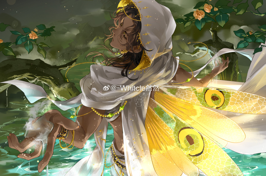 1boy, absurdres, arched_back, bare_arms, bead_belt, black_hair, bracelet, cape