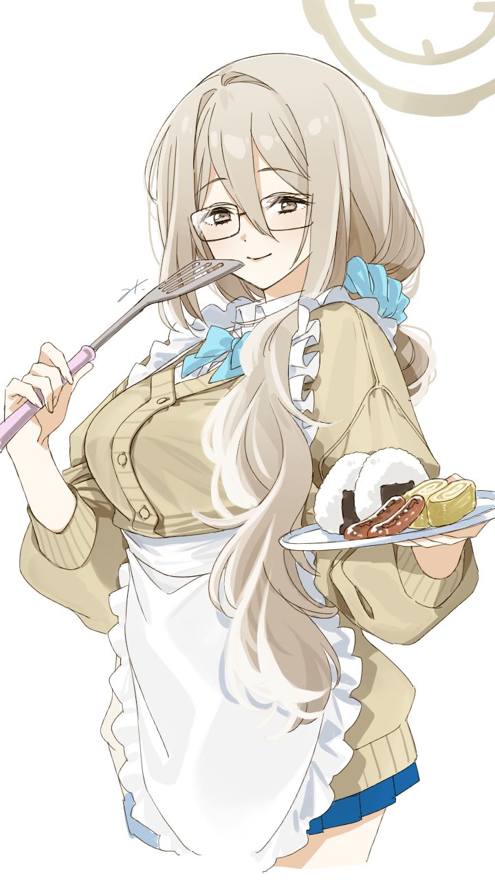 1girl, akane_(blue_archive), akane_(school_uniform)_(blue_archive), apron, blue_archive, blue_bow, blue_bowtie, blue_scrunchie