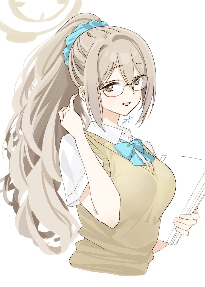 1girl, :d, akane_(blue_archive), akane_(school_uniform)_(blue_archive), alternate_hairstyle, blue_archive, blue_bow, blue_bowtie