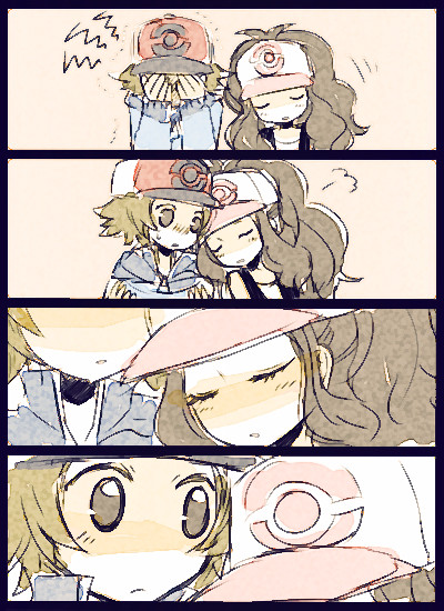 10s, 4koma, blush, closed_eyes, comic, hat, hilbert_(pokemon), hilda_(pokemon), leaning, long_hair, monochrome, nintendo, pain, pokemon, pokemon_black_and_white, silent_comic, sleeping, tora_kaede