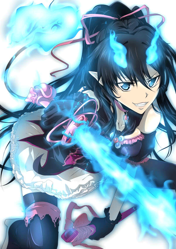 1girl, ao_no_exorcist, black_dress, black_hair, blue_eyes, blue_fire, blue_flames, breasts