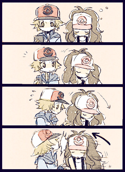 10s, 4koma, arrow_(symbol), closed_eyes, comic, hat, head_bump, hilbert_(pokemon)