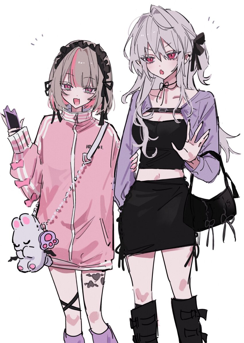 2girls, bag, black_boots, black_bow, black_skirt, boots, bow, breasts