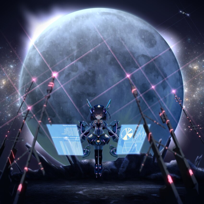 1girl, absurdres, android, black_hair, blue_boots, blue_dress, boots, brown_thighhighs