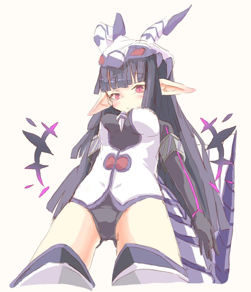 1girl, armored_boots, black_hair, black_leotard, boots, breasts, emil_chronicle_online, from_below, highres, jacket, kitune47, large_breasts, large_tail, leotard, leviathan_(eco), long_hair, pointy_ears, red_eyes, sleeveless, sleeveless_jacket, tail, white_background, white_jacket