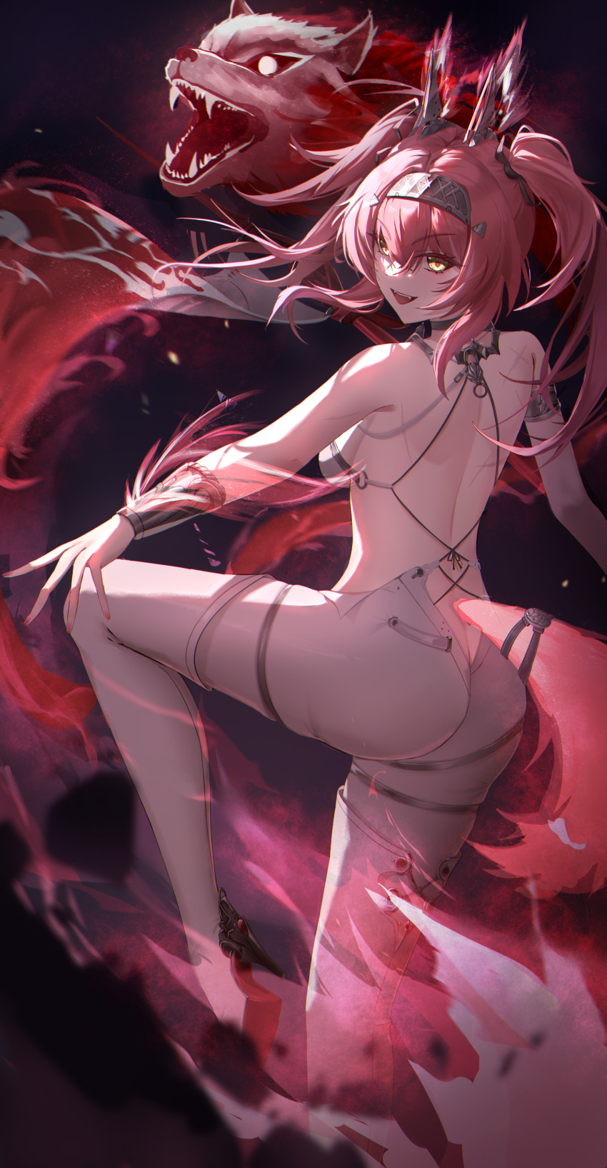 1girl, absurdres, ass, back, bare_shoulders, boots, breasts, commentary