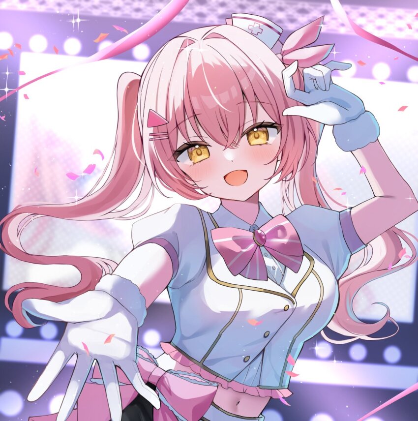 1girl, blurry, blurry_background, blush, bow, bowtie, breasts, buttons