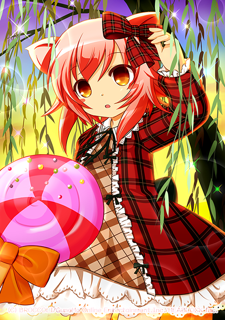 1girl, akino_sakura, animal_ears, breasts, brown_dress, candy, cat_ears, cat_girl