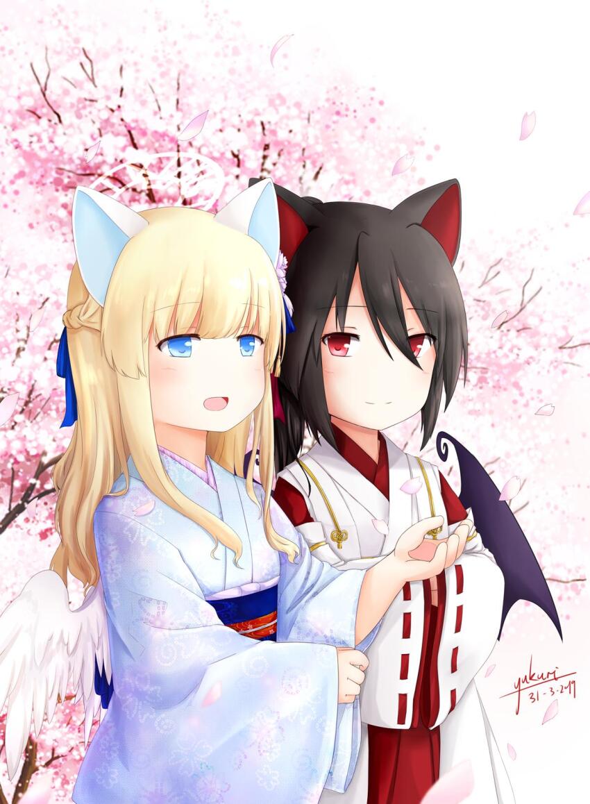 2girls, alternate_costume, angel_wings, animal_ears, artist_name, bat_wings, black_hair, blonde_hair