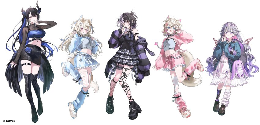 5girls, :d, animal_ear_fluff, animal_ears, asymmetrical_horns, asymmetrical_legwear, aviot, black_boots