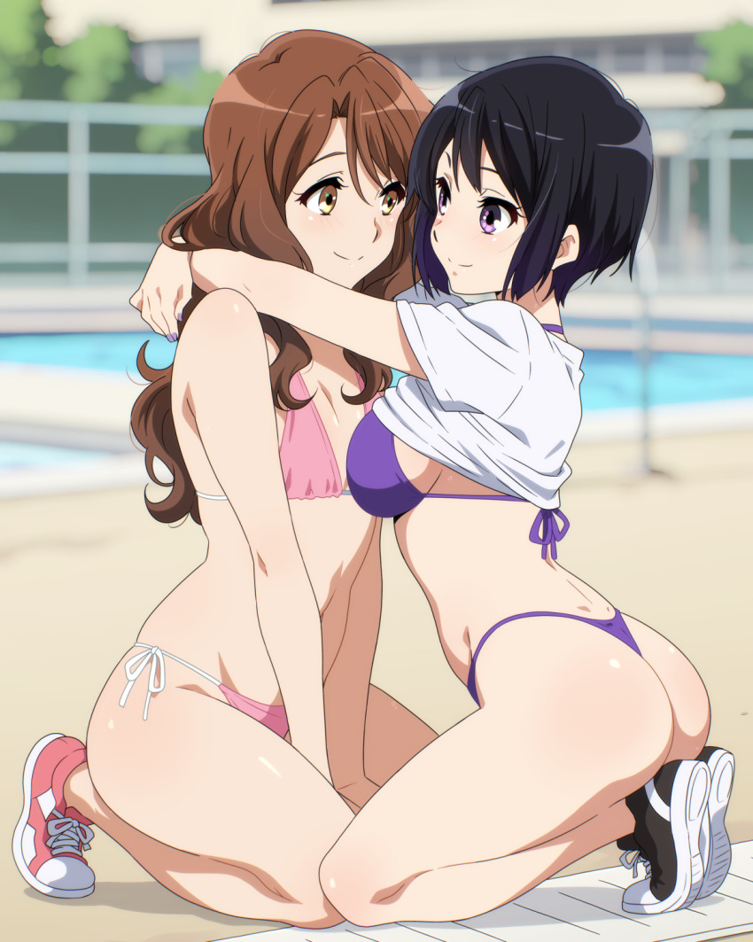 2girls, alternate_hair_length, alternate_hairstyle, ass, bikini, black_hair, blurry, blurry_background, breasts, brown_hair, clothes_lift, day, flat_chest, full_body, hair_length_switch, hibike!_euphonium, highres, hug, kneeling, kousaka_reina, long_hair, looking_at_another, medium_breasts, multiple_girls, nail_polish, oumae_kumiko, outdoors, pool, purple_bikini, purple_eyes, sbel02, shirt, shirt_lift, shoes, short_hair, sideboob, sneakers, swimsuit, thighs, very_long_hair, white_shirt, yellow_eyes, yuri