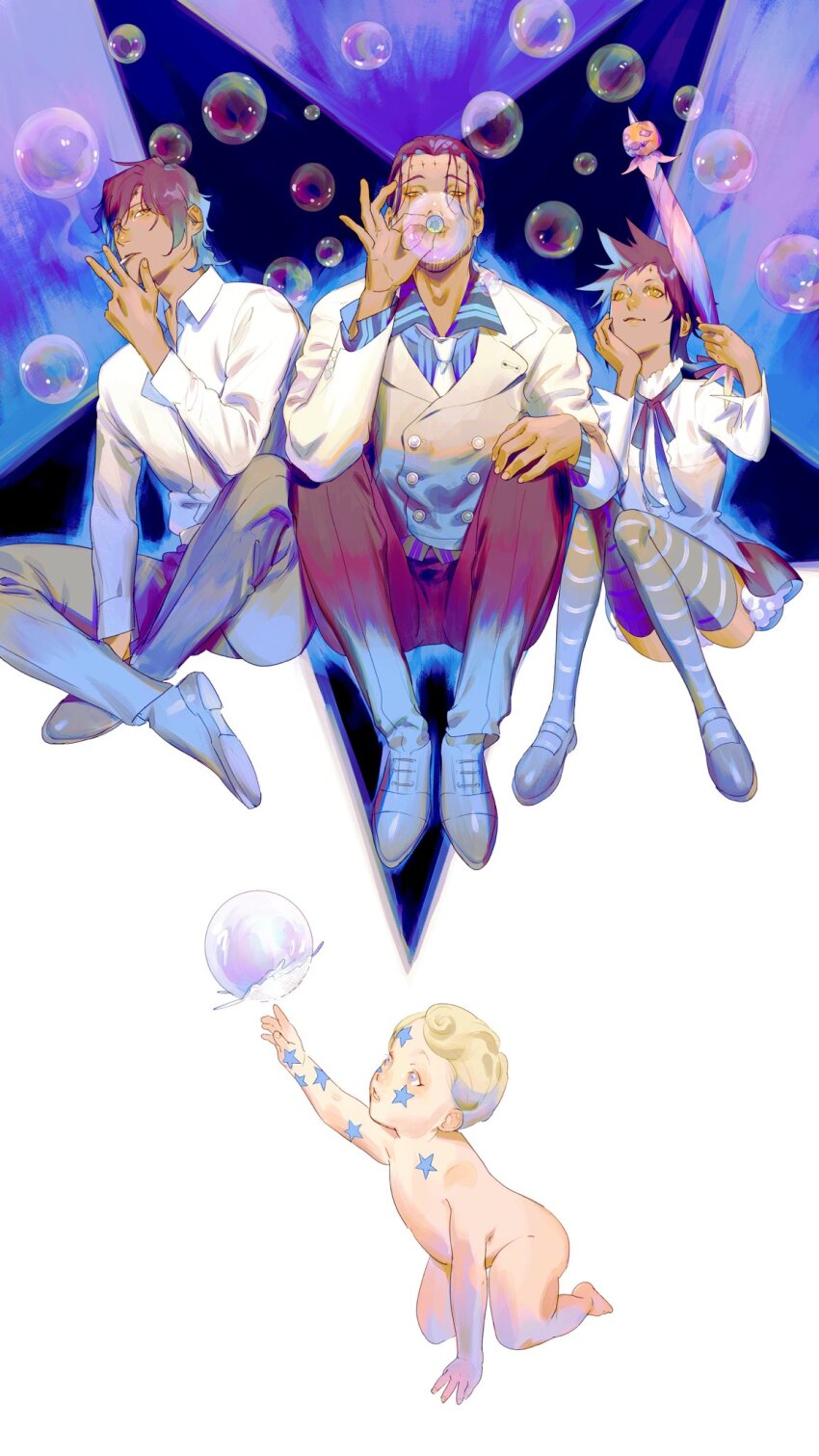 1girl, 1other, 2boys, air_bubble, baby, beard, blonde_hair, blowing_bubbles