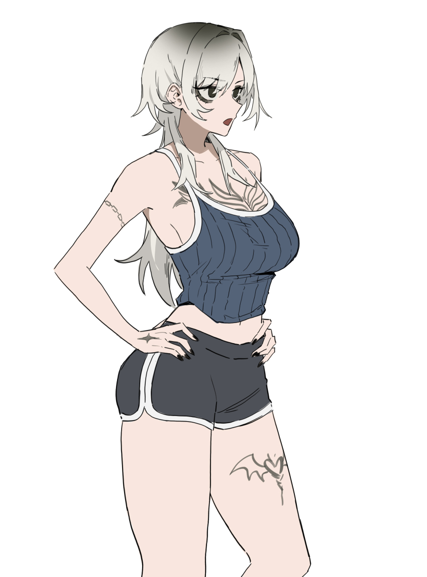 1girl, absurdres, arm_tattoo, bare_shoulders, black_eyes, black_nails, black_shorts, blue_tank_top