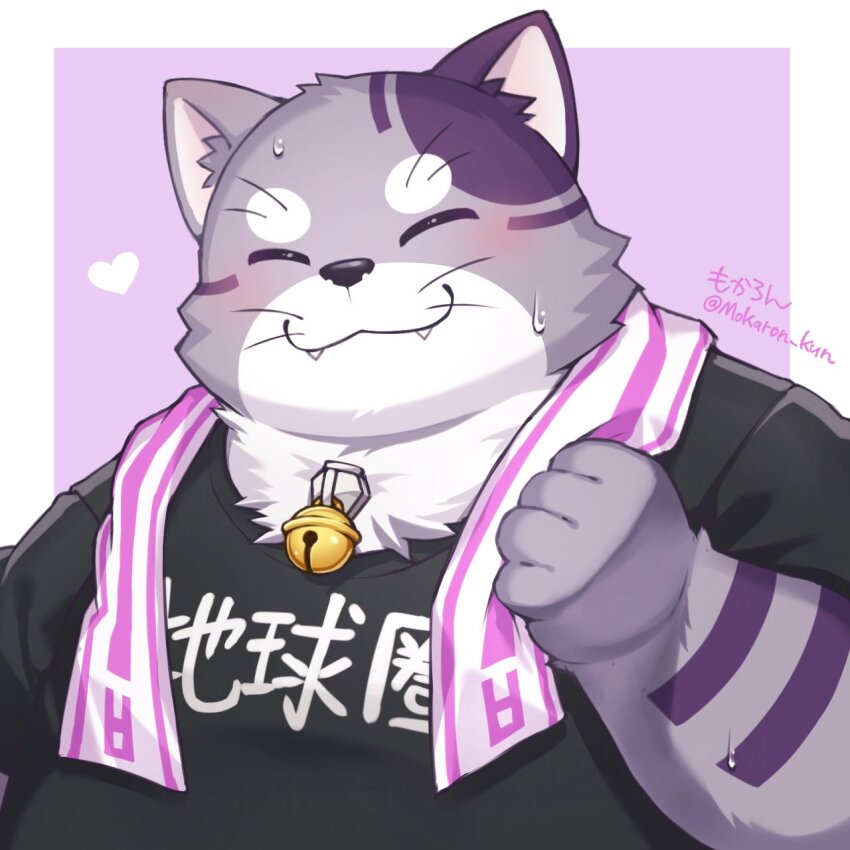 1boy, animal_ears, artist_name, bell, black_shirt, blush, bygul_(live_a_hero), cat_boy