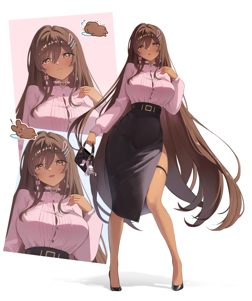 1girl, absurdres, animal_ears, bag, belt, black_choker, black_skirt, blanc_(nikke), blush, breasts, brown_hair, character_charm, charm_(object), choker, closed_mouth, dark-skinned_female, dark_skin, earrings, fake_animal_ears, frown, goddess_of_victory:_nikke, hair_ornament, hairclip, handbag, high_heels, highres, holding, holding_bag, jewelry, large_breasts, leotard, long_hair, long_skirt, long_sleeves, looking_at_viewer, noir_(nikke), open_mouth, pink_shirt, playboy_bunny, rabbit, rabbit_ears, shirt, side_slit, simple_background, skirt, smile, thigh_strap, uz_(uzru0428), very_long_hair, white_hair, white_leotard, yellow_eyes