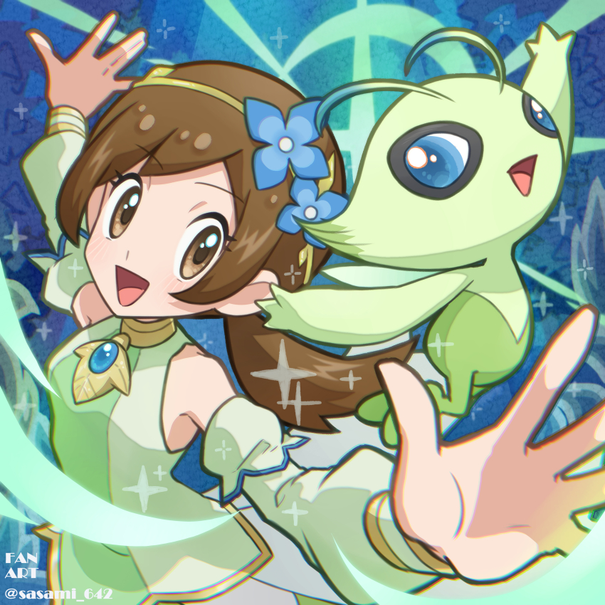 1girl, :d, absurdres, bare_shoulders, blue_flower, brown_eyes, brown_hair, celebi