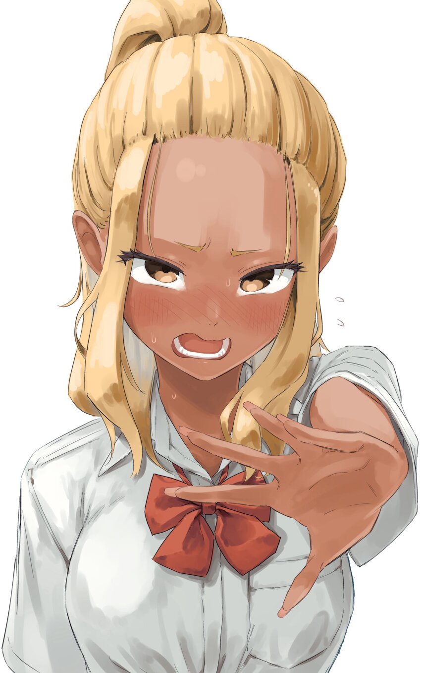 1girl, blonde_hair, collared_shirt, dark_skin, embarrassed, fingernails, forehead, gyaru