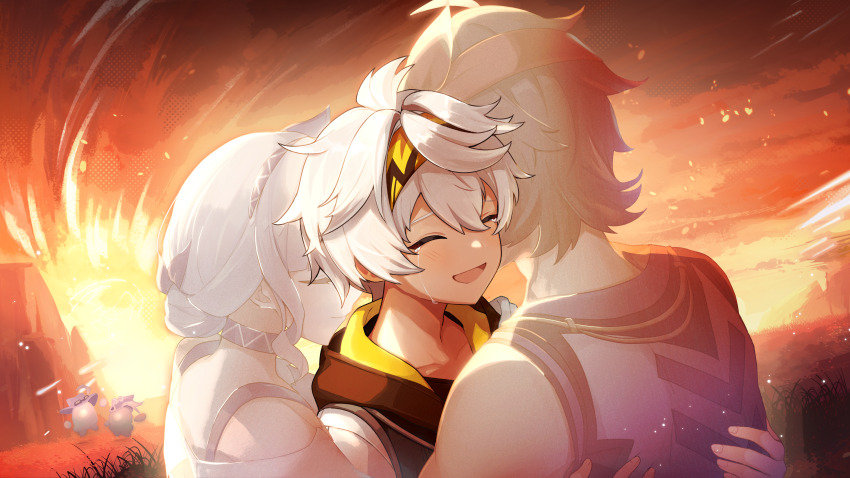 1girl, 2boys, absurdres, aroni_(genshin_impact), bandana, bennett_(adventures_in_blazing_hue)_(genshin_impact), bennett_(genshin_impact), closed_eyes