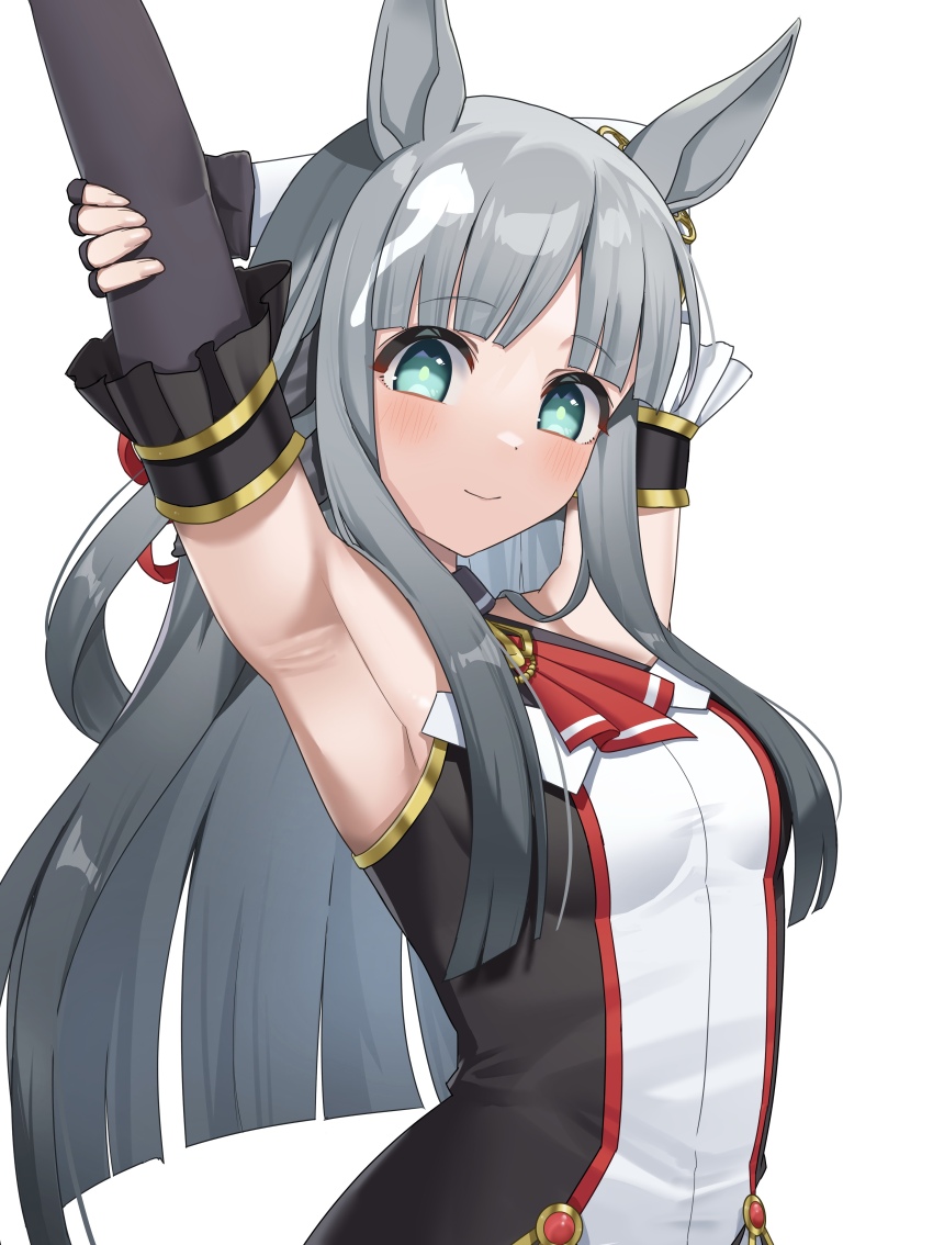 1girl, absurdres, animal_ears, aqua_eyes, arm_up, armpit_focus, armpits, black_gloves
