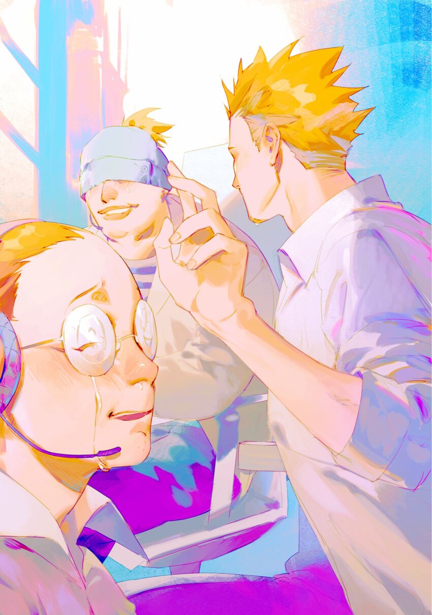 3boys, abstract_background, beanie, beard, blonde_hair, blue_background, blue_hat, chair