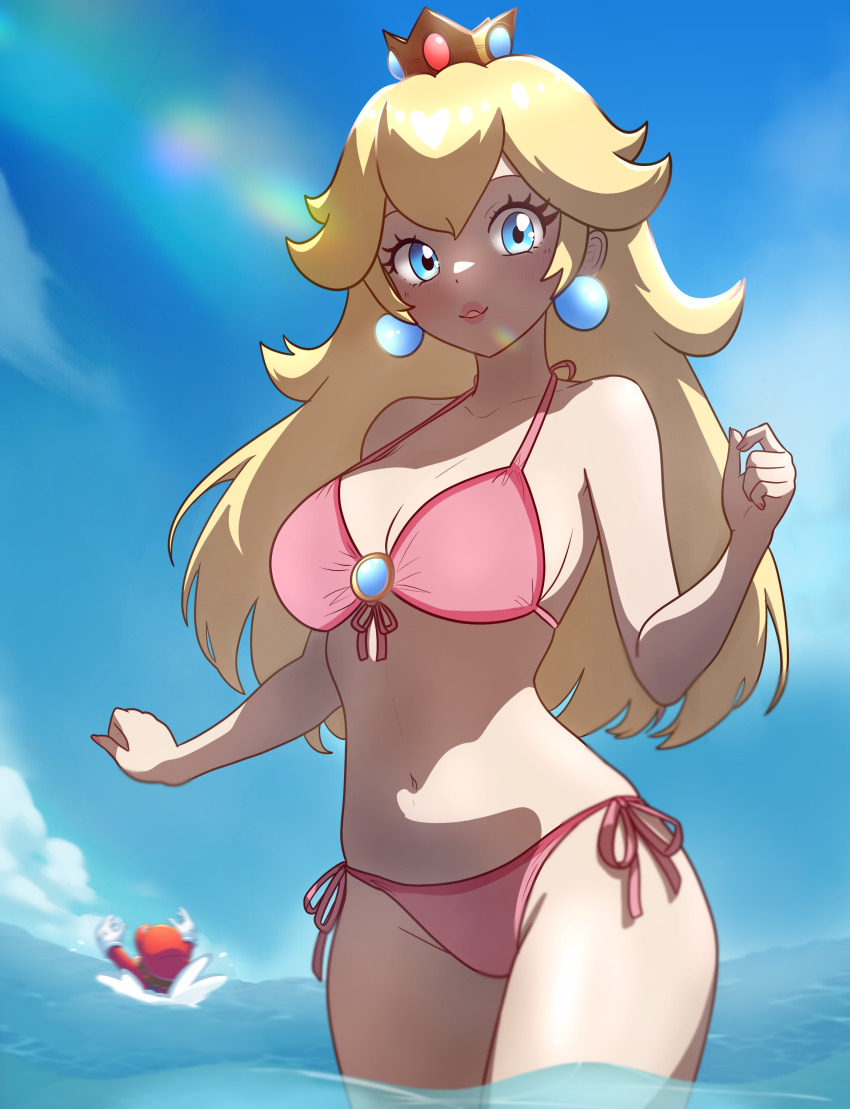 1boy, 1girl, :o, absurdres, alternate_costume, bikini, blue_eyes, blue_sky