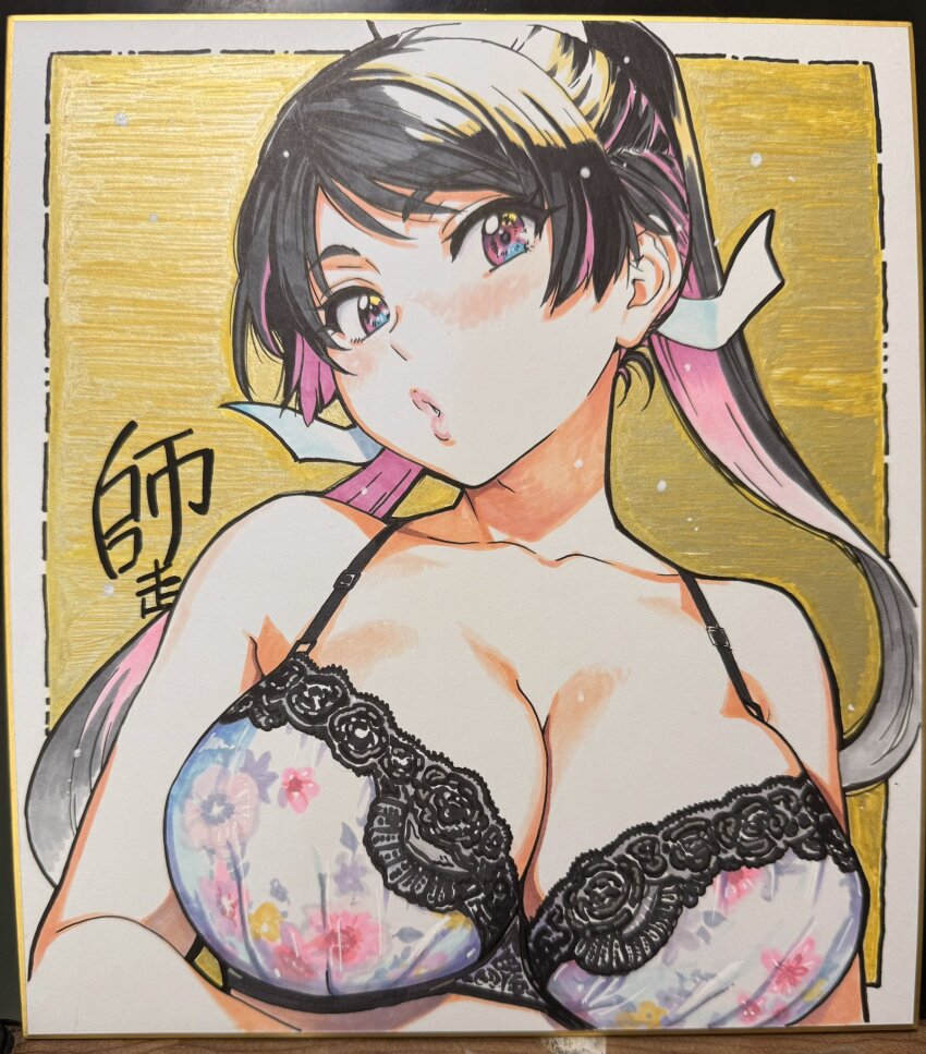 1girl, bare_arms, bare_shoulders, black_hair, blush, bra, breast_focus, breasts