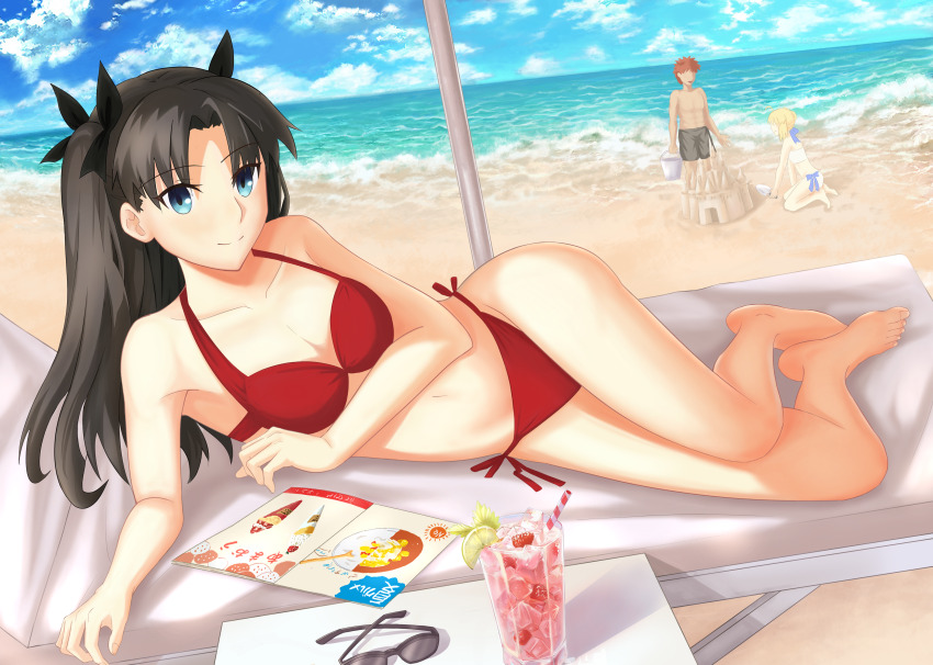 1girl, 2girls, absurdres, andychen662000, artoria_pendragon_(fate), barefoot, beach, beach_towel, bikini, black_hair, blue_eyes, blue_sky, breasts, cloud, collarbone, cup, day, drink, drinking_straw, emiya_shirou, fate/stay_night, fate_(series), food, fruit, full_body, highres, lime_(fruit), lime_slice, long_hair, lying, male_swimwear, medium_breasts, multiple_girls, navel, ocean, on_side, outdoors, parted_lips, red_bikini, saber_(fate), sand, sand_castle, sand_sculpture, side-tie_bikini_bottom, sky, stomach, strawberry, sunglasses, swim_trunks, swimsuit, thighs, tohsaka_rin, towel, unworn_eyewear, very_long_hair, water, white_bikini