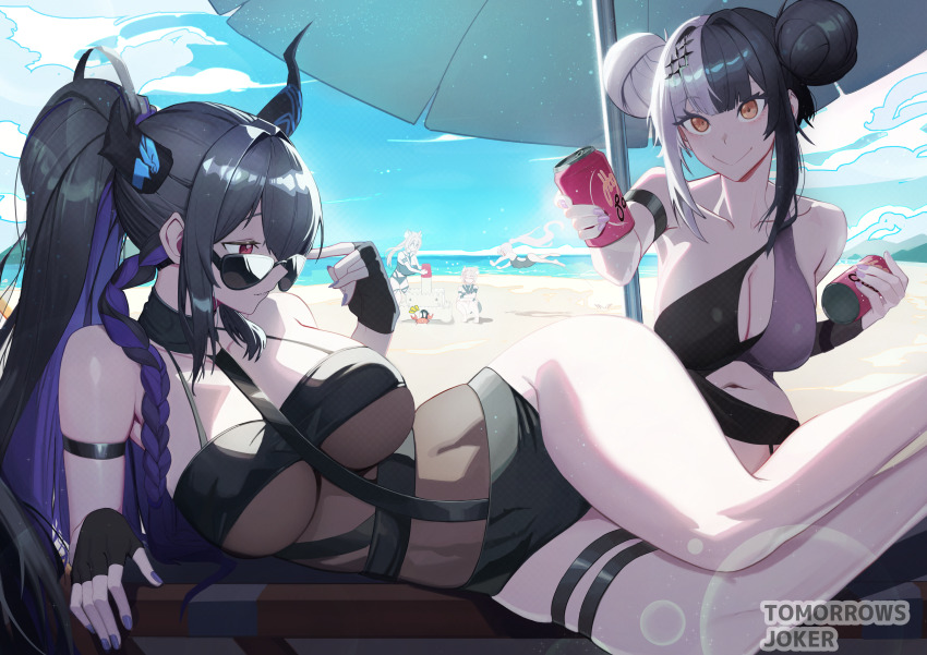 5girls, absurdres, arm_strap, beach, beach_umbrella, bikini, black_hair, black_one-piece_swimsuit