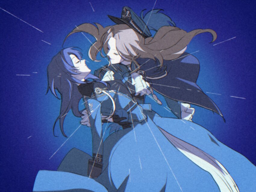 2girls, 3shine_02, ascot, augustus_(path_to_nowhere), black_gloves, blonde_hair, blue_cape, blue_dress