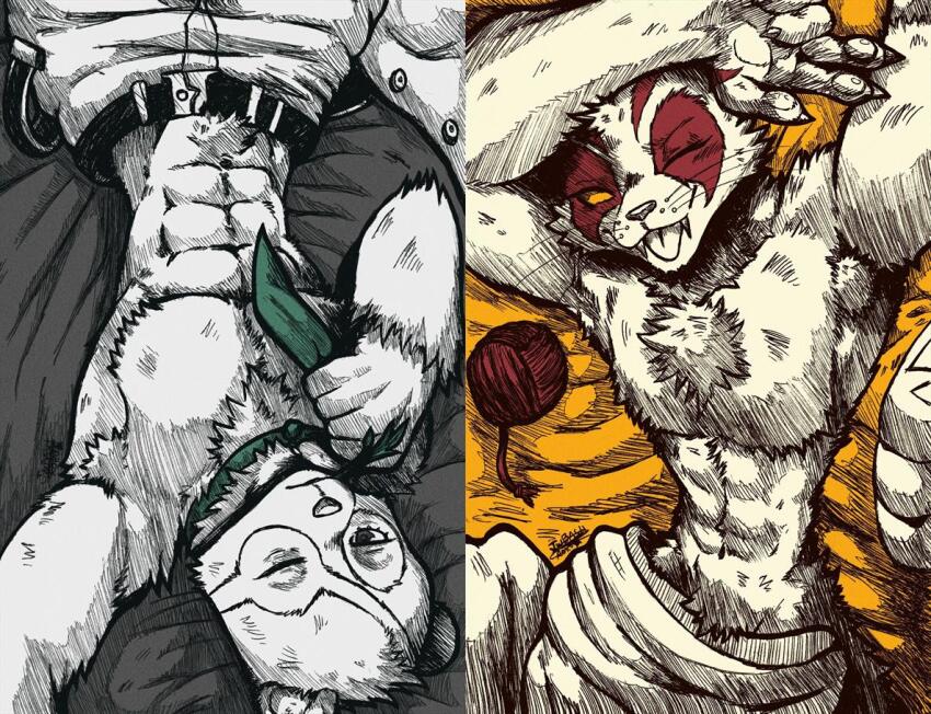 2boys, abs, agent_patch_(fortnite), armpit_hair, armpits, biceps, claws, closed_mouth, commentary, english_commentary, fortnite, furry, furry_male, green_necktie, jwbash, looking_at_viewer, lying, male_focus, mouth_hold, multiple_boys, muscular, muscular_male, navel, necktie, nyanja_(fortnite), open_mouth, partially_colored, pawpads, pectorals, selfie, smile, stalk_in_mouth, tongue, tongue_out, topless_male, upside-down, yarn, yarn_ball