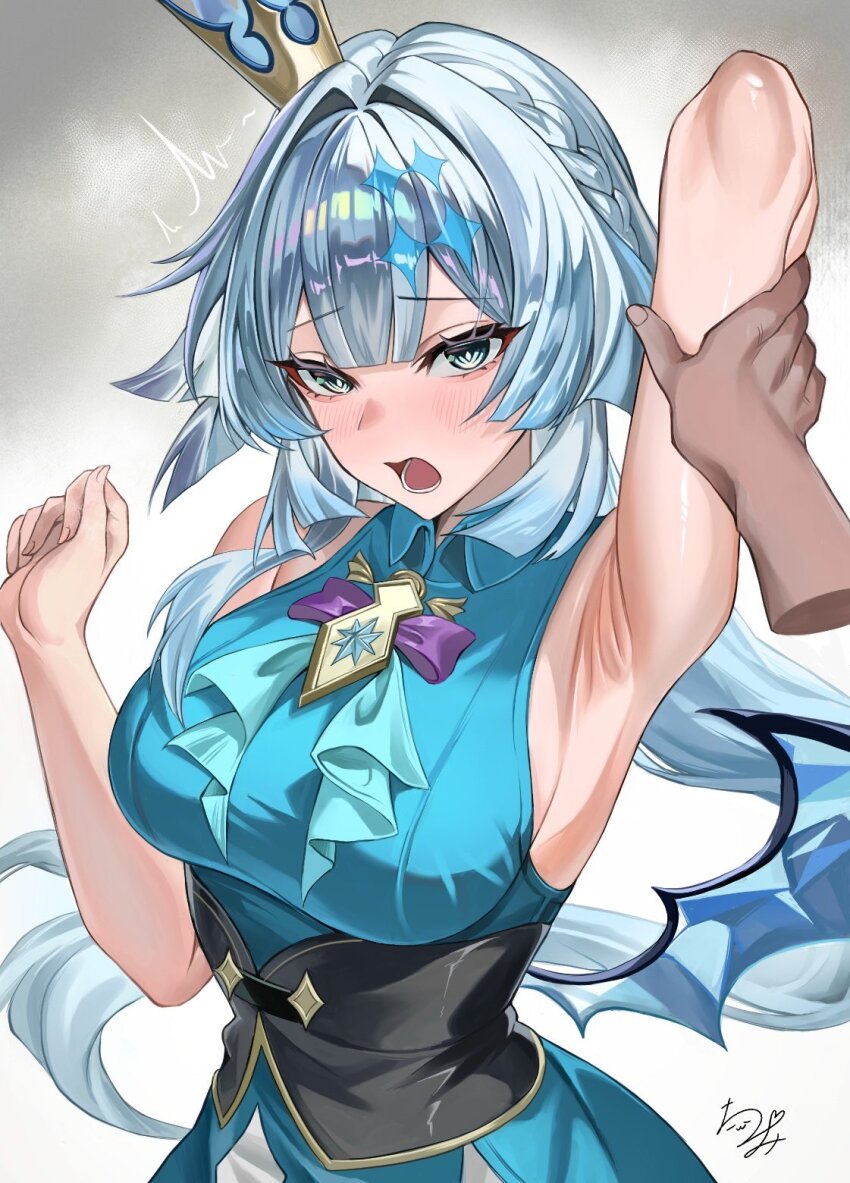 1girl, bare_shoulders, black_corset, blue_dress, blue_eyes, braid, breasts, cerydra_(honkai:_star_rail)