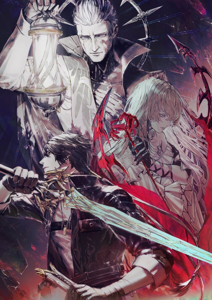 1girl, 2boys, black_gloves, black_hair, black_jacket, closed_mouth, collared_jacket, commentary_request