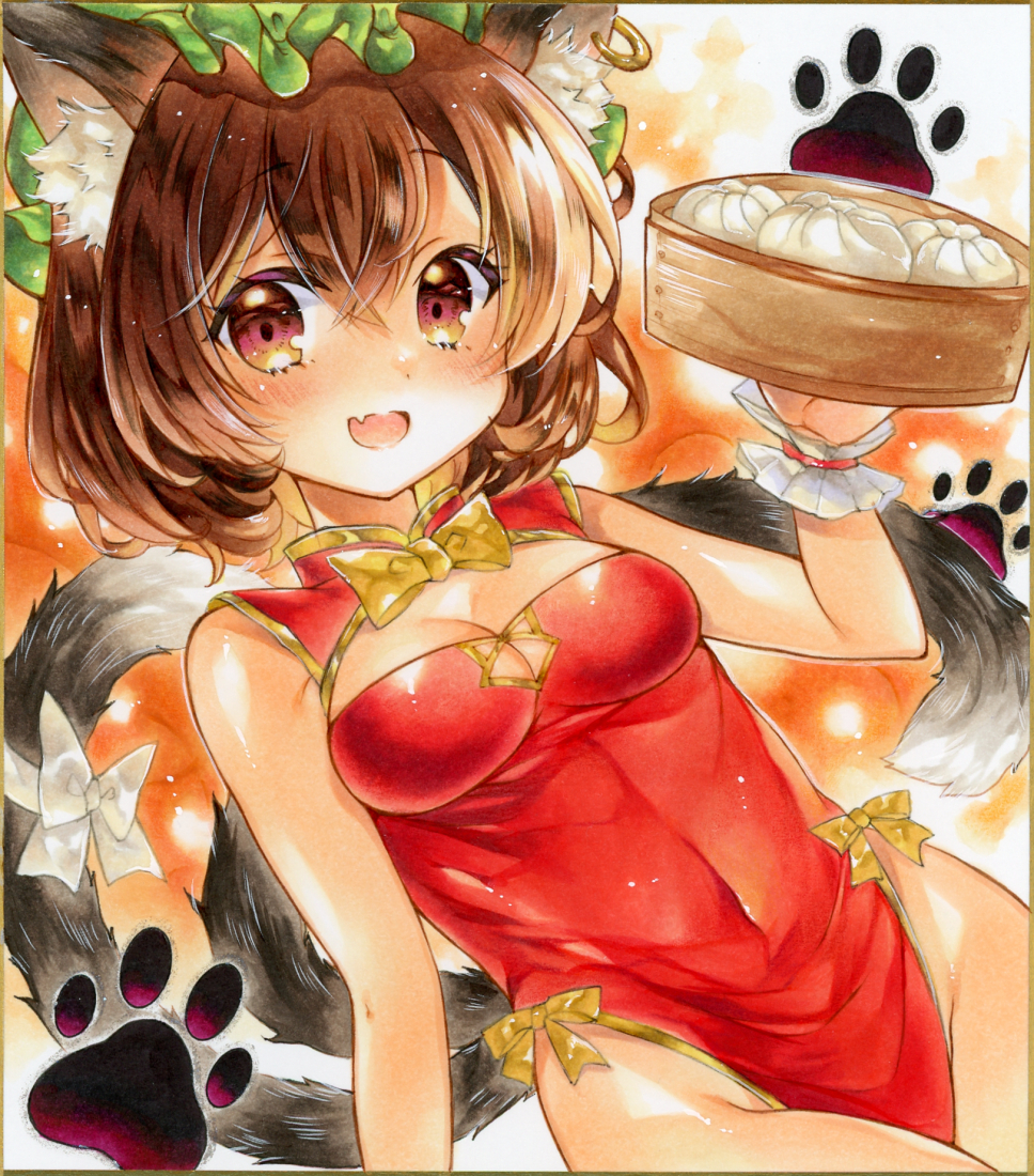 1girl, :d, adapted_costume, animal_ear_fluff, animal_ear_piercing, animal_ears, arm_at_side, bare_arms