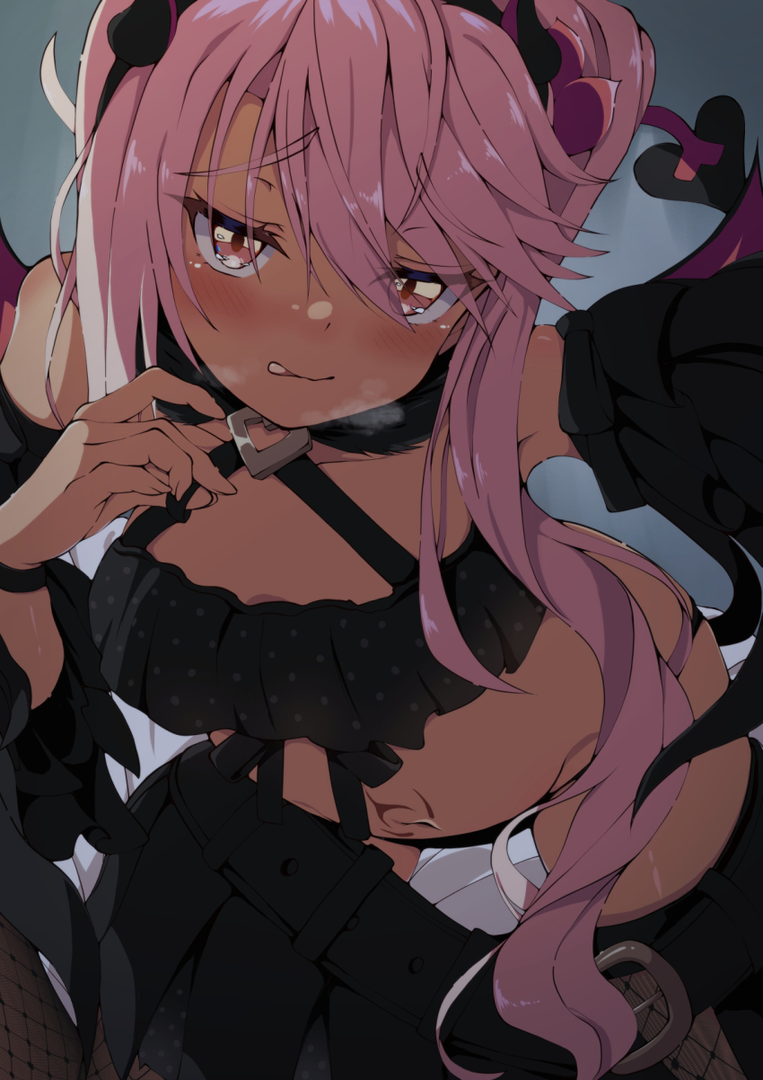 1girl, bare_shoulders, belt, black_panties, black_skirt, black_thighhighs, black_tube_top, blush, breasts, chloe_von_einzbern, chloe_von_einzbern_(celebratory_attire), dark-skinned_female, dark_skin, demon_girl, demon_horns, demon_tail, demon_wings, detached_sleeves, fate/grand_order, fate_(series), flower, fur_collar, hair_flower, hair_ornament, hairband, highres, horns, licking_lips, long_hair, looking_at_viewer, navel, orange_eyes, panties, peisuto, pink_hair, ponytail, sidelocks, skirt, small_breasts, smile, stomach_tattoo, strapless, tail, tattoo, thighhighs, tongue, tongue_out, tube_top, underwear, wings
