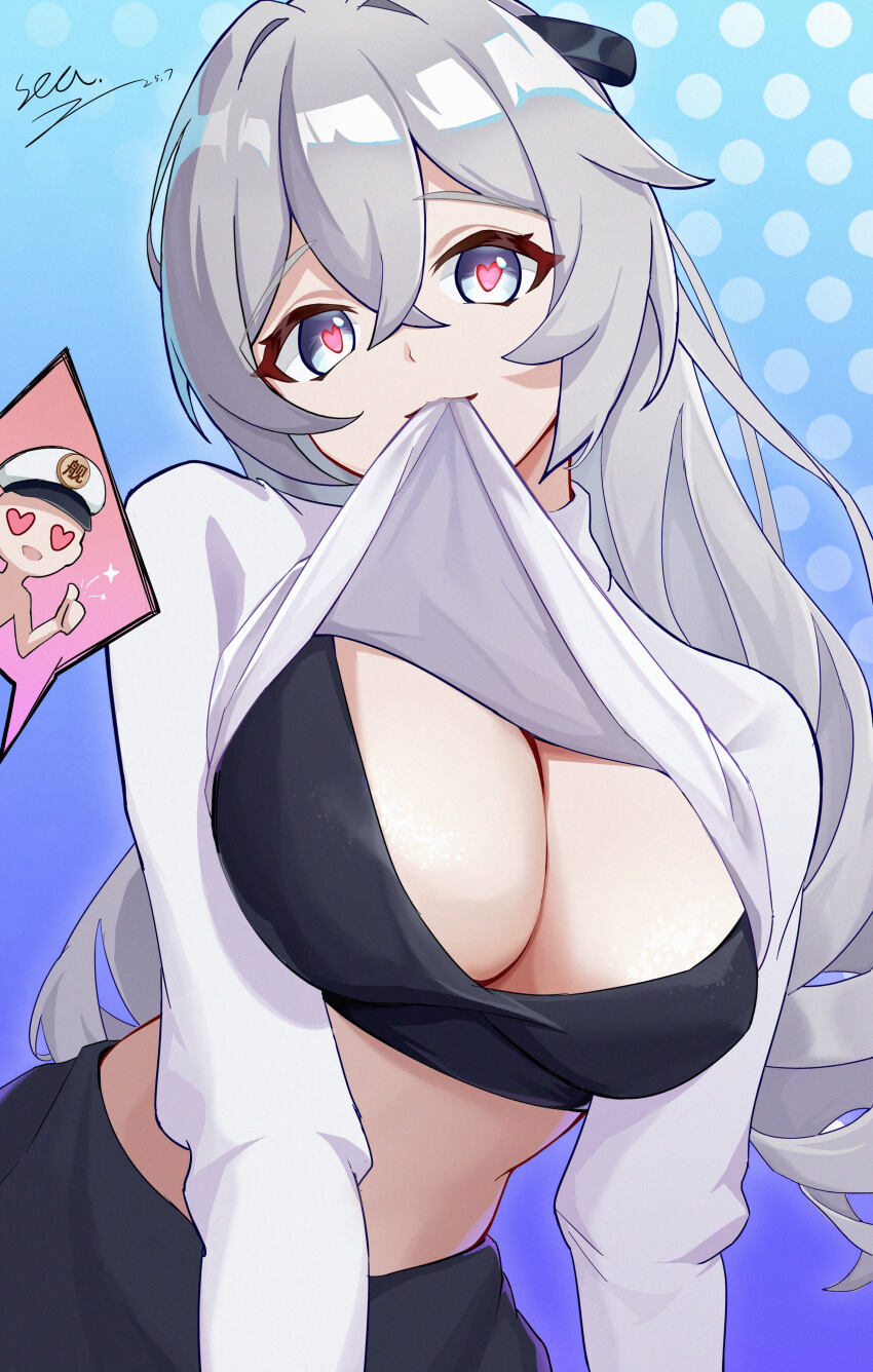 1boy, 1girl, absurdres, black_bra, blue_eyes, bra, breasts, bronya_zaychik, bronya_zaychik_(silverwing:_n-ex), captain_(honkai_impact), chinese_commentary, cleavage, clothes_lift, cowboy_shot, cun_jing_kai_bai_sea, drill_hair, grey_eyes, grey_hair, hair_between_eyes, heart, heart-shaped_pupils, hetero, highres, honkai_(series), honkai_impact_3rd, large_breasts, long_hair, looking_at_viewer, open_mouth, pink_pupils, shirt_lift, signature, solo_focus, star_(symbol), symbol-shaped_pupils, thumbs_up, underwear