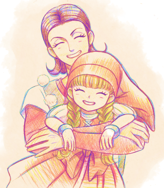 1boy, 1girl, androgynous, blonde_hair, bow, bracelet, braid, brown_hair, carrying, carrying_person, closed_eyes, commentary_request, cross-laced_clothes, cross-laced_dress, dragon_quest, dragon_quest_xi, dress, earrings, grin, head_tilt, hug, hug_from_behind, jewelry, limited_palette, low_twin_braids, medium_hair, okechinchin, parted_hair, partial_commentary, puffy_short_sleeves, puffy_sleeves, red_dress, red_shirt, shirt, short_sleeves, smile, striped_clothes, stud_earrings, sylvia_(dq11), twin_braids, upper_body, veronica_(dq11), waist_bow, warm_colored