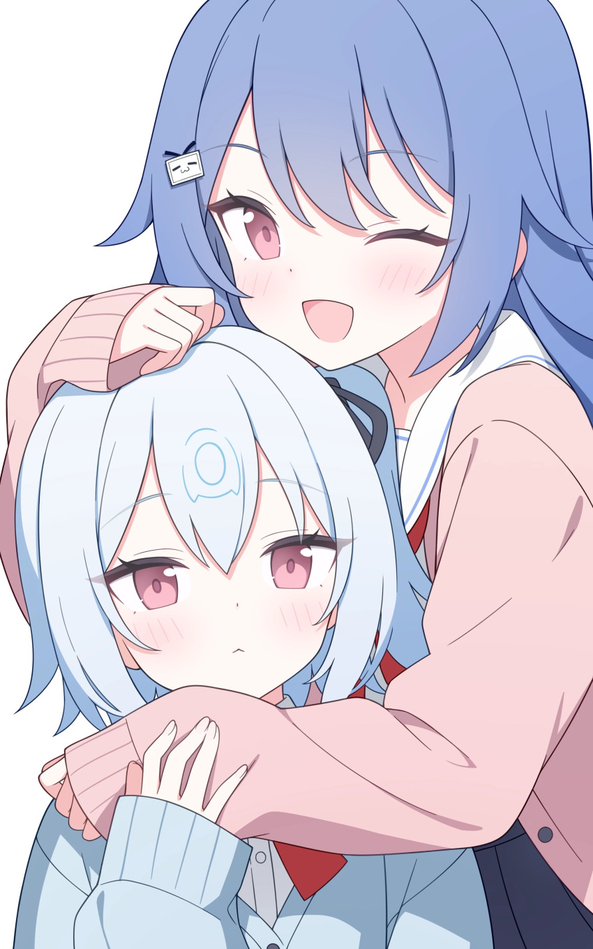 2girls, :<, ;d, absurdres, aqua_cardigan, aqua_hair, bili_girl_22, bili_girl_33