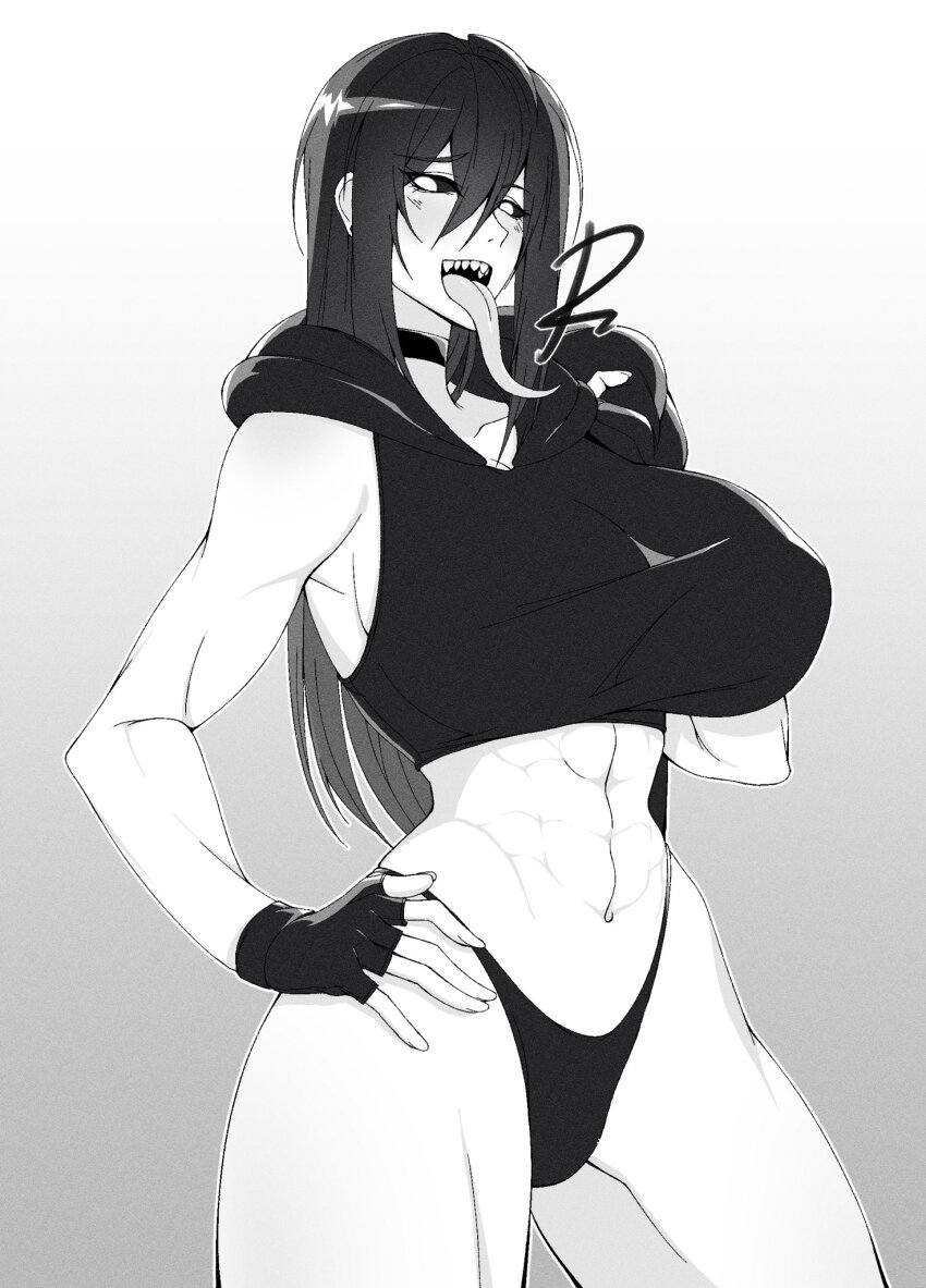 1girl, abs, black_hair, black_sclera, blush, bose, cero_rains, collarbone