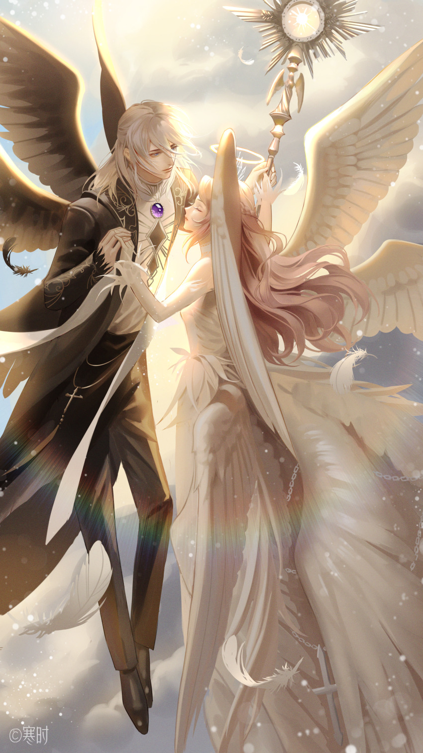 1boy, 1girl, absurdres, angel_wings, bare_shoulders, black_coat, black_pants, black_shoes, black_wings, blonde_hair, blue_sky, chest_jewel, choker, closed_eyes, closed_mouth, cloud, coat, cross, day, diamond_print, dress, dress_shoes, dustless_feathers_(shining_nikki), elbow_gloves, feather-trimmed_dress, feather-trimmed_gloves, feather-trimmed_sleeves, feathered_wings, feathers, floating, full_body, gem, gloves, gown, grey_hair, hair_between_eyes, halo, han_shi_reina, high-waist_pants, highres, holding, holding_hands, holding_staff, leonid_(shining_nikki), light_particles, lips, lipstick, long_dress, long_hair, long_sleeves, makeup, multiple_wings, nikki_(series), official_alternate_color, open_clothes, open_coat, outdoors, pants, pink_lips, pointy_nose, purple_gem, seraph, shining_nikki, shirt, shoes, sky, sleeves_past_wrists, staff, strapless, strapless_dress, traditional_halo, turtleneck, turtleneck_shirt, very_long_hair, wavy_hair, white_choker, white_dress, white_gloves, white_shirt, white_wings, wings, yellow_halo