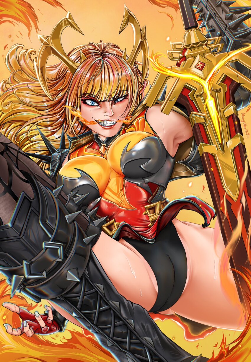 1girl, armor, armpits, blonde_hair, boots, breasts, cleavage, fingerless_gloves, fire, gloves, gold_horns, highres, horns, jumping, magik_(phoenix_demon)_(x-men), magik_(x-men), marvel, marvel_rivals, nungmeenui, orange_hair, partially_visible_vulva, sharp_teeth, solo, spikes, spread_legs, sweat, sword, tagme, teeth, thighhighs, thighs, weapon, x-men