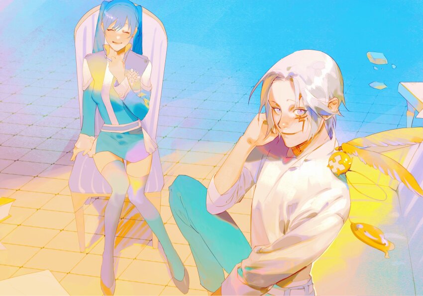 1boy, 1girl, allen_walker, belt, blue_theme, blush, brick, chair