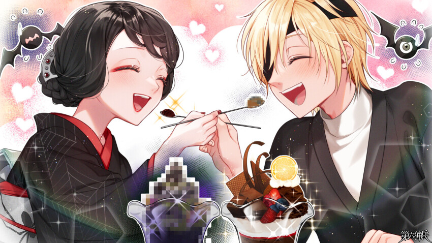 1boy, 1girl, alfiedo_krofi, animal_print, black_kimono, blonde_hair, censored, censored_food