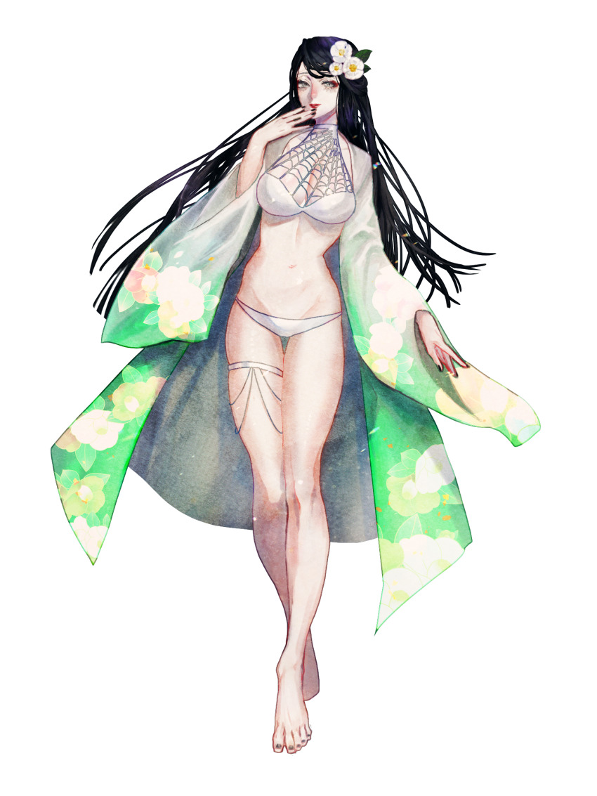 1girl, barefoot, bikini, black_hair, black_nails, dairoku_ryouhei, floral_print, flower